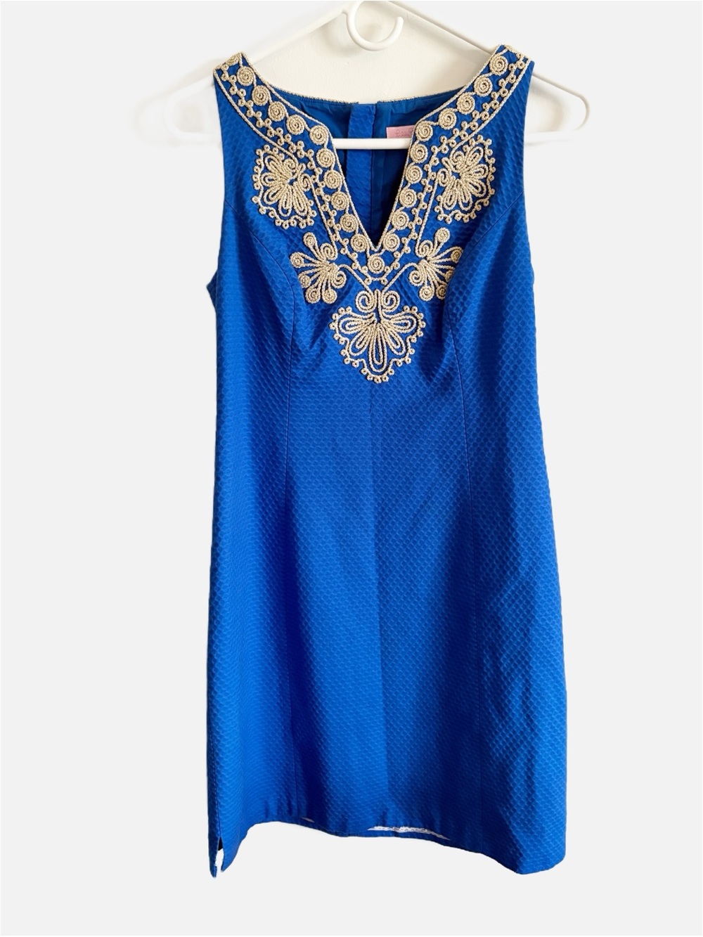 Lilly Pulitzer‎ Royal Blue Gabby Shift Dress Gold Embroidery V-Neck Cotton